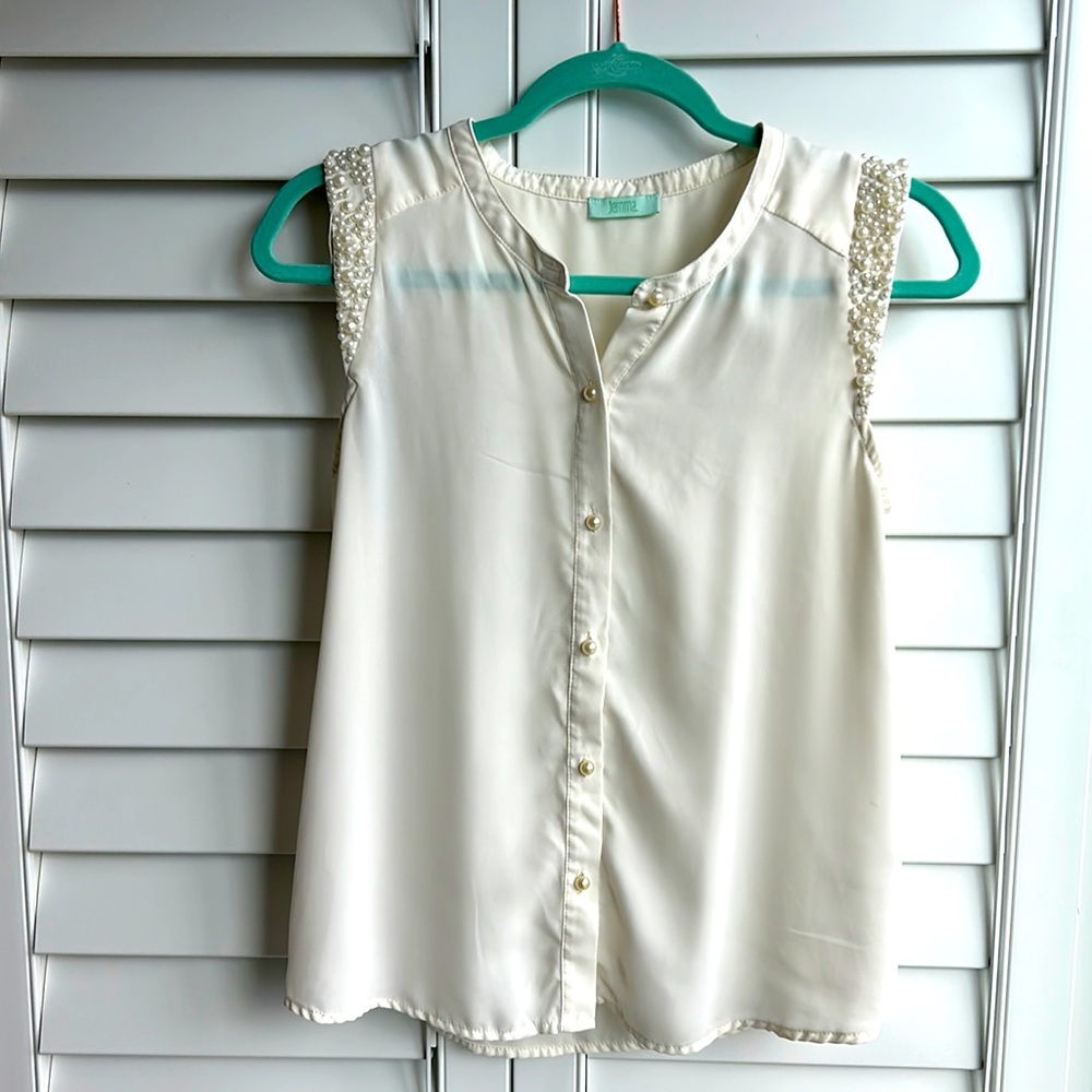 Jeweled sleeve muscle blouse button down